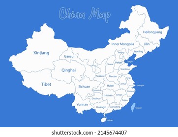 China map, administrative divisions whit names regions, blue background vector