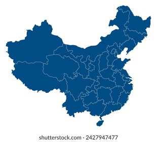 China map. Map of China in administrative provinces in blue color