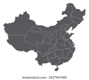 China map. Map of China in administrative provinces in grey color