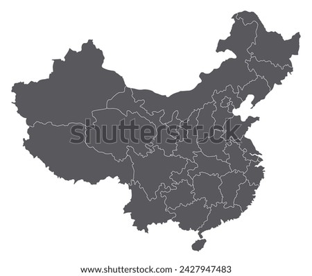 China map. Map of China in administrative provinces in grey color