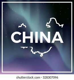 China map against the backdrop of polar lights on the starry sky. Aurora borealis abstract vector background. EPS10 contains transparency, mesh gradients used.