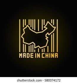 China map in barcode golden icon - vector Made in China symbol or design element on dark background