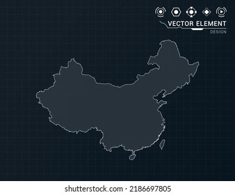 China map of black digital frame HUD, GUI, UI interface technology radar vector.