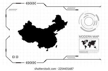 Mapa de China del marco digital negro HUD, GUI, interfaz de interfaz de usuario vector de radar.