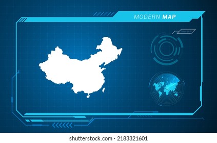 Mapa de China del marco digital azul HUD, GUI, interfaz de interfaz de usuario vector de radar.