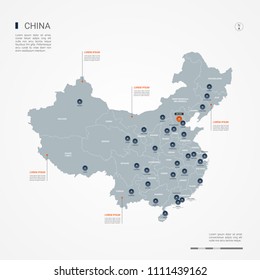 China map with borders, cities, capital Beijing and administrative divisions. Infographic vector map. Editable layers clearly labeled.