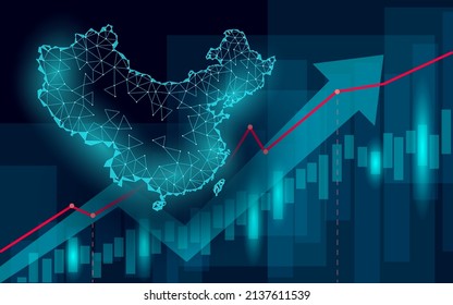 China map business statistics chart growing graphs. Blue light glowing flat design. Finance economy diagram presentation template vector illustration