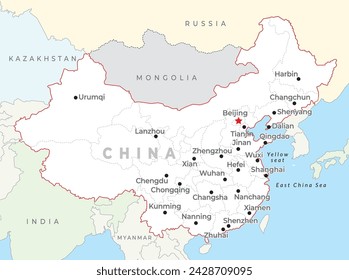 China map with capital Beijing, most important cities and national borders