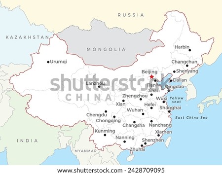 China map with capital Beijing, most important cities and national borders