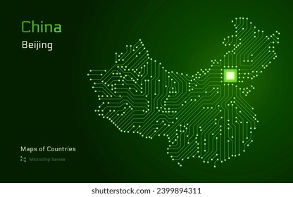 Mapa de China con la capital de Pekín mostrado en un modelo de microchip con procesador. Gobierno electrónico. Mapas vectoriales de países del mundo. Serie de microchips