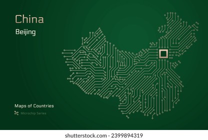 China Map with a capital of Beijing Shown in a Microchip Pattern with processor. E-government. World Countries vector maps. Microchip Series