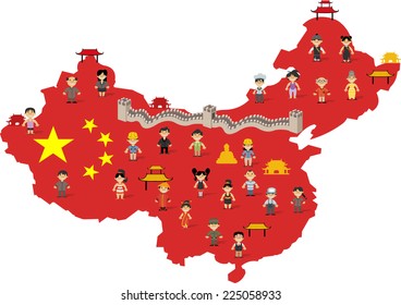 China Map With Chinese Happy Cartoon People