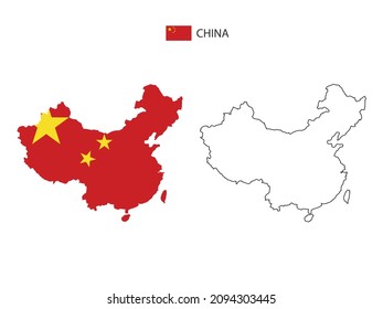 China map city vector divided by outline simplicity style. Have 2 versions, black thin line version and color of country flag version. Both map were on the white background.