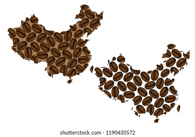 China -  map of coffee bean, People's Republic of China (PRC) map made of coffee beans,