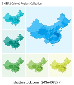 In: China Map Collection. Landform mit farbigen Bereichen. Hellblau, Cyan, Teal, Grün, Hellgrün, Lime-Farbpaletten. Grenze von China mit Provinzen für Ihre Infografik. Vektorgrafik.