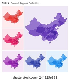 China map collection. Country shape with colored regions. Deep Purple, Red, Pink, Purple, Indigo, Blue color palettes. Border of China with provinces for your infographic. Vector illustration.