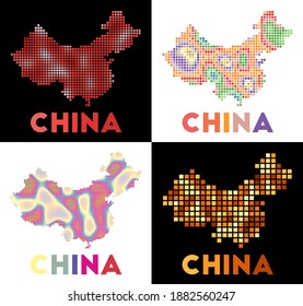 Mapa de China. Colección de mapas de China en estilo punteado. Las fronteras del país están llenas de rectángulos para su diseño. Ilustración vectorial.