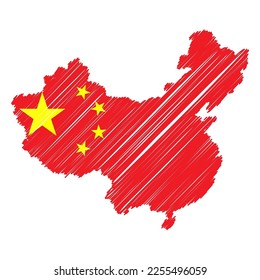 China map color hand drawn sketch. Vector concept illustration flag, scribble map. Country map for infographic, brochures and presentations isolated on white background. Vector illustration.