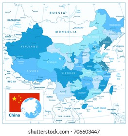 China Map in Colors of Blue. Detailed vector map of China.