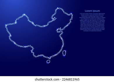 China map country along contour of recurring english blue words name of state and glowing space stars 