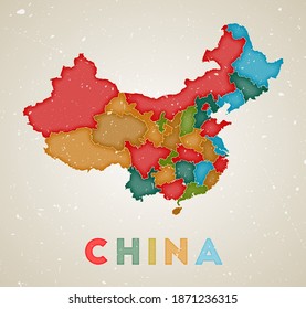 China map. Country poster with colored regions. Old grunge texture. Vector illustration of China with country name.