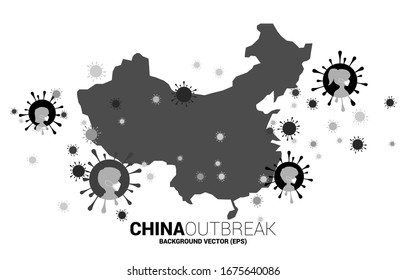 Mapa de China con forma de virus 19 y partícula de fondo del virus Corona. Concepto de brote de porcelana y pandemia.