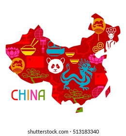 China map design. Chinese symbols and objects.