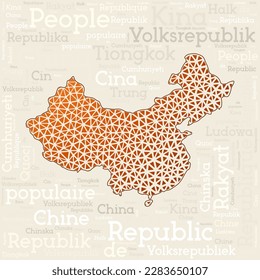 CHINA map design. Country names in different languages and map shape with geometric low poly triangles. Modern vector illustration of China.