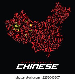 China map designed with icons of athletes in various sports branches. Vector illustration.