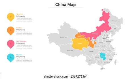 China map divided into provinces or regions with modern borders. Geographic location indication. Infographic design template. Vector illustration for presentation, brochure, touristic website.