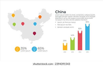 China-Karte unterteilt in Provinzen oder Regionen mit modernen Grenzen. Geografische Standortangabe. Infografische Design-Vorlage. Vektorgrafik für Präsentation, Broschüre, touristische Website.