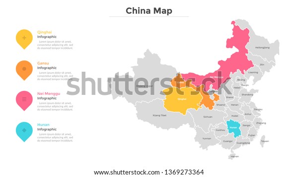 China map divided into provinces or regions with\
modern borders. Geographic location indication. Infographic design\
template. Vector illustration for presentation, brochure, touristic\
website.