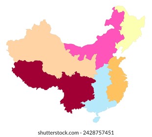 China map. Map of China in eight main regions in multicolor