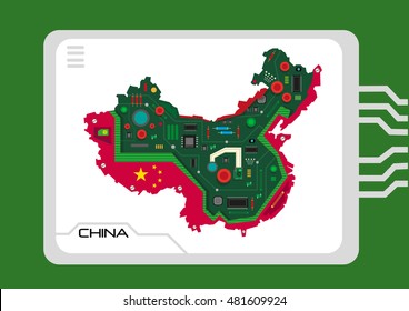 China Map With Electronic Theme To Symbolize Its Massive Factory Tech Workers, Assembly Lines For Gadgets And Future Of Technology. Editable Clip Art.