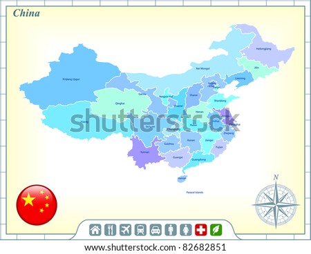 China Map with Flag Buttons and Assistance & Activates Icons Original Illustration