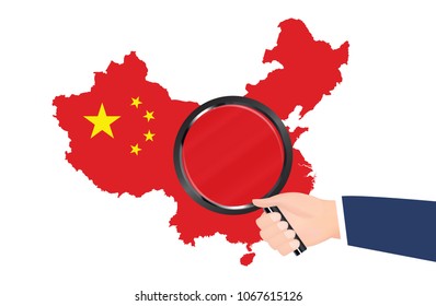 china map flag with hand hold magnifying glass