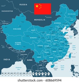 China map and flag - highly detailed vector illustration