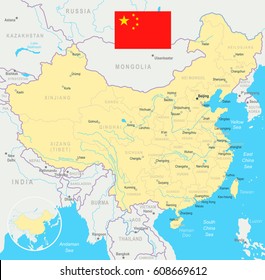 China map and flag - highly detailed vector illustration