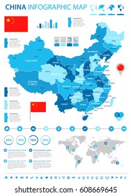 China map and flag - highly detailed vector infographic illustration
