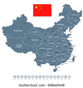 China map and flag - highly detailed vector illustration