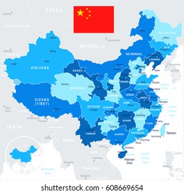 China map and flag - highly detailed vector illustration