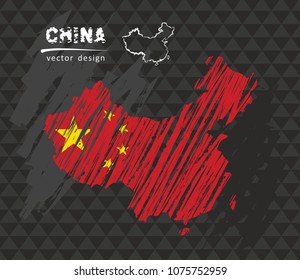 China map with flag inside on the black background. Chalk sketch vector illustration