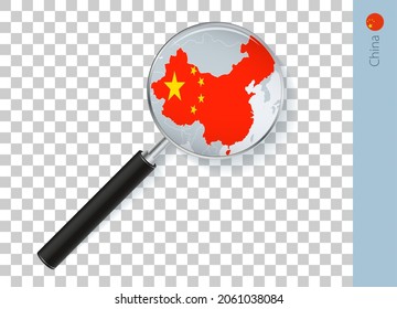 Mapa de China con bandera en lupa sobre fondo transparente. Voz vectorial con mapa.