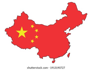 China map with flag - outline of chinese state with a national flag, white background, vector
