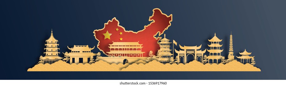 China map and flag with world famous landmarks in paper cut style vector illustration