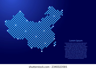 Mapa de China del futurista patrón cuadrado de cuadros azules y brillantes estrellas para pancarta, afiche, tarjeta de saludo
