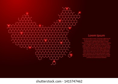 China map from futuristic hexagonal shapes, lines, points red and glowing stars in nodes, form of honeycomb or molecular structure for banner, poster, greeting card. Vector illustration.