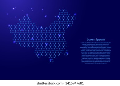 China map from futuristic hexagonal shapes, lines, points  blue and glowing stars in nodes, form of honeycomb or molecular structure for banner, poster, greeting card. Vector illustration.