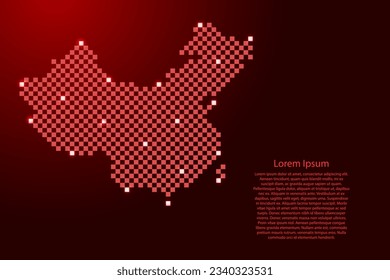 China map from futuristic red checkered square grid pattern and glowing stars for banner, poster, greeting card
