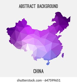 China map in geometric polygonal,mosaic style in purple shades.Abstract tessellation,modern design background,low poly. Vector illustration.